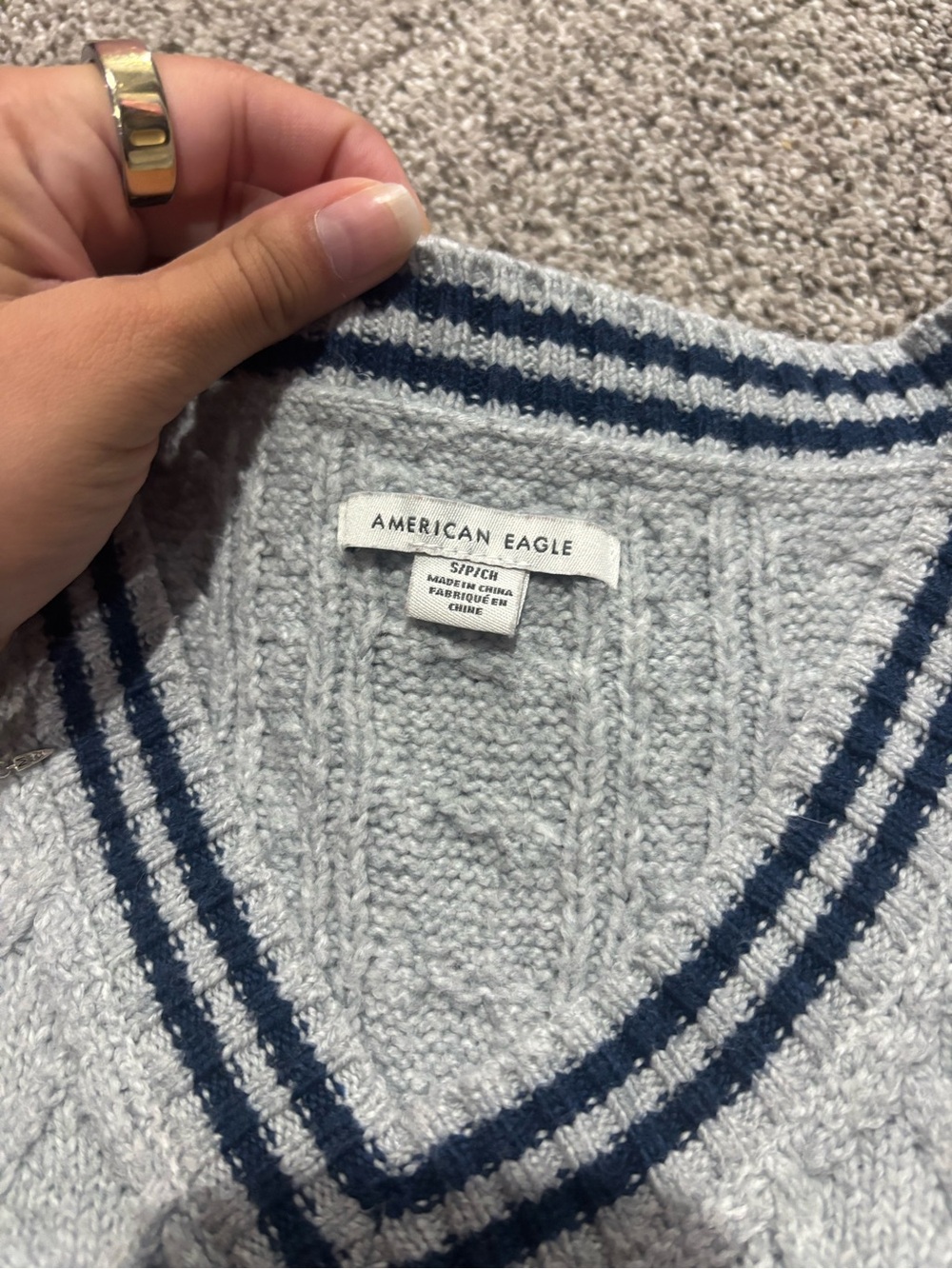 American Eagle Outfitters Light Gray V-Neck Cable Knit Sweater with Navy Stripes